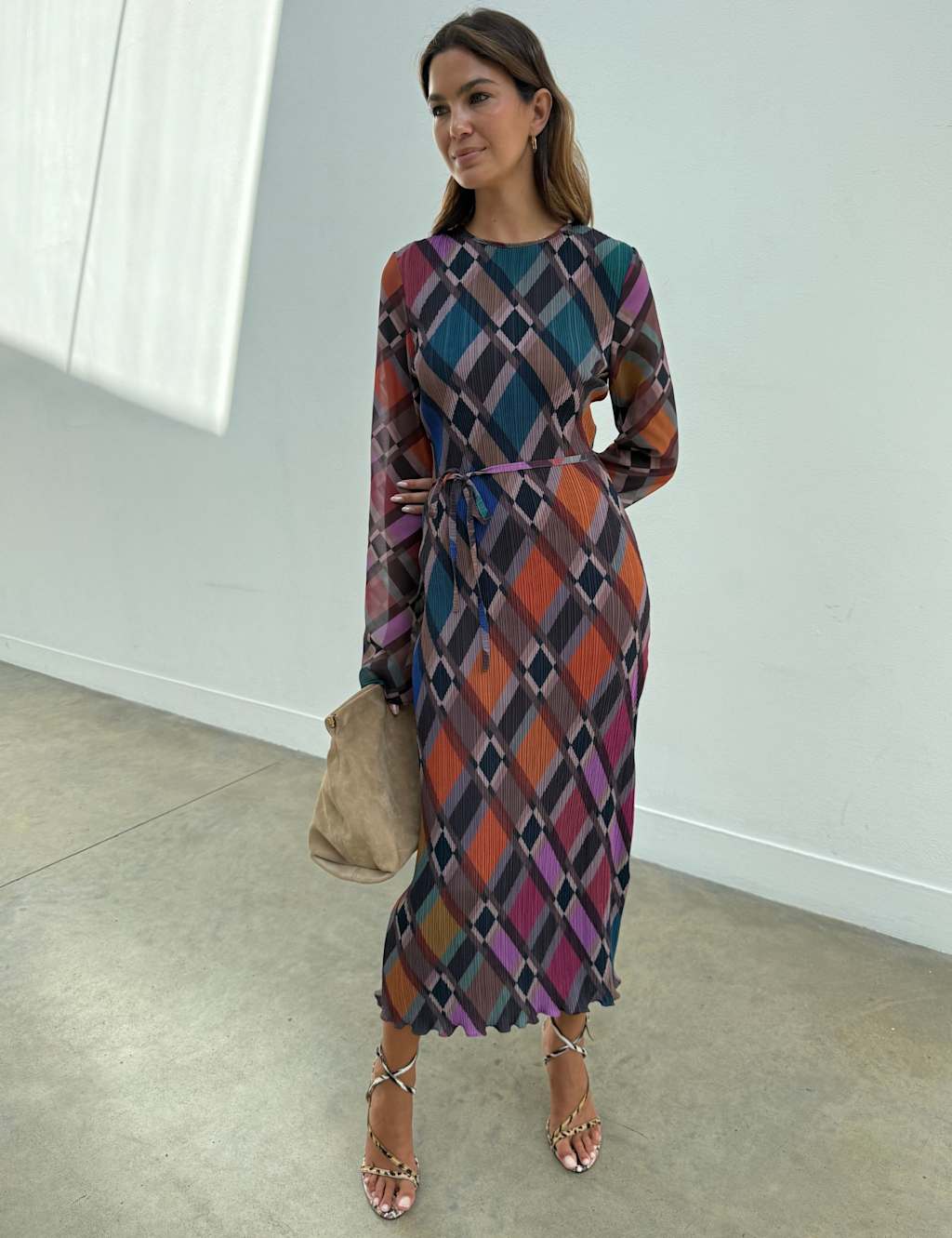 Never Fully Dressed Checked Plisse Tie Waist Maxi Dress Multi