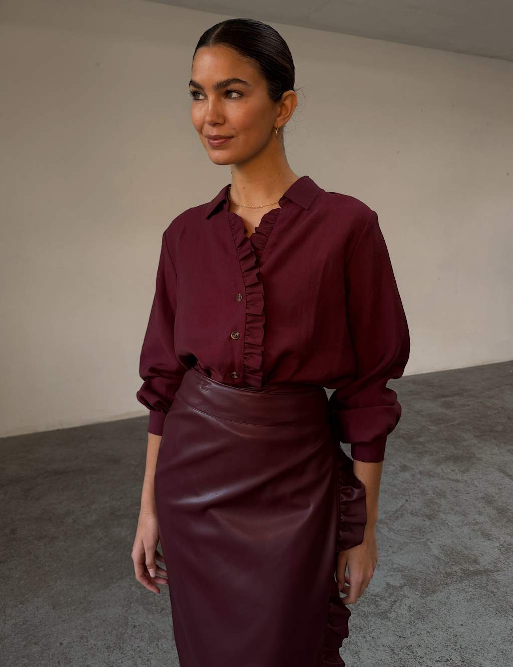 Never Fully Dressed Lyocell Rich Frill Detail Shirt Burgundy