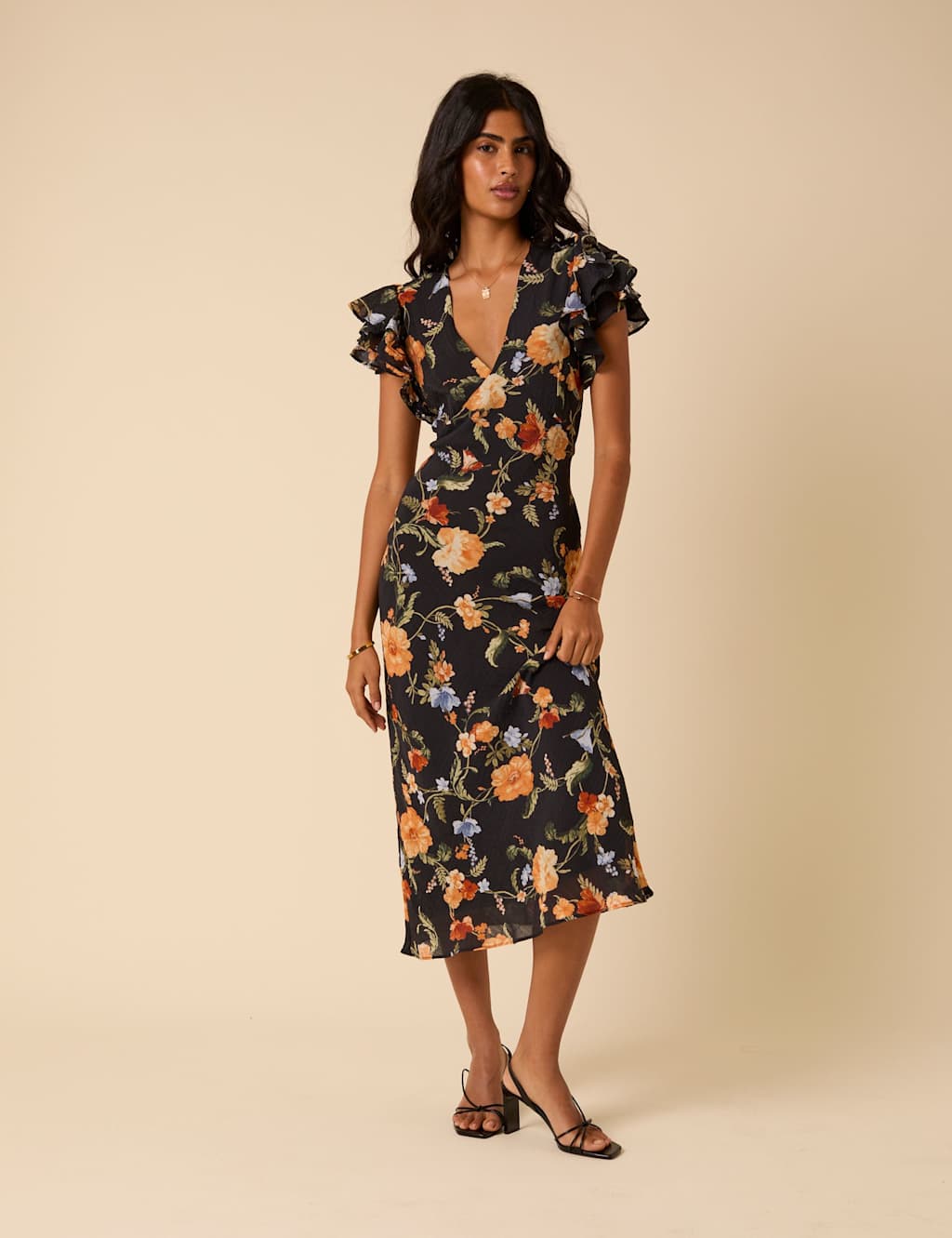 Nobody's Child Floral V-Neck Midi Tea Dress Multi