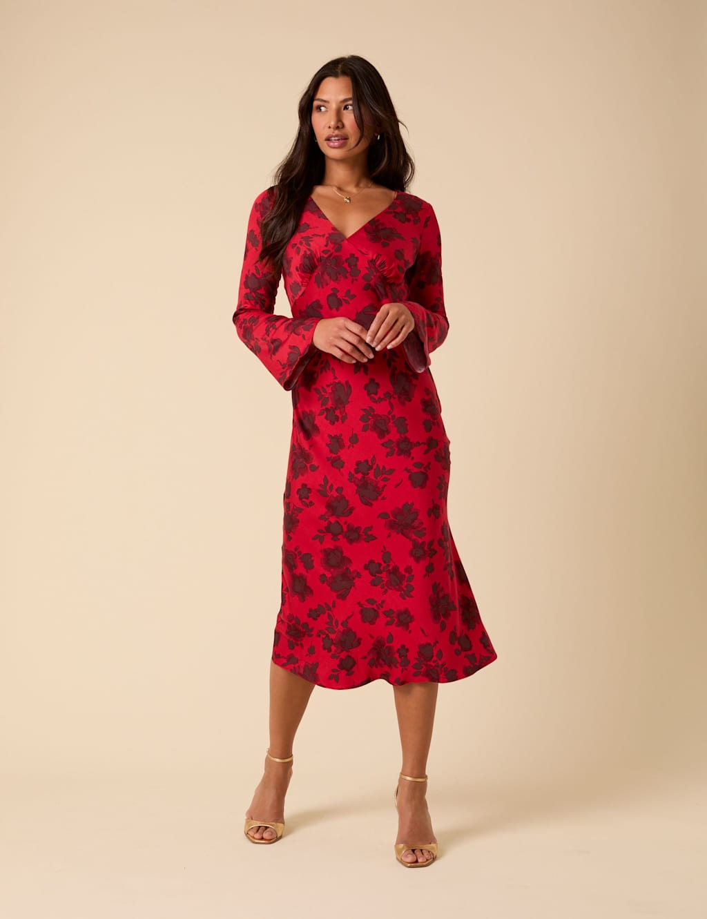 Nobody's Child Floral V-Neck Midi Tea Dress Red