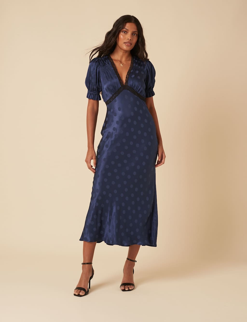 Nobody's Child Polka Dot V-Neck Midi Tea Dress Blue