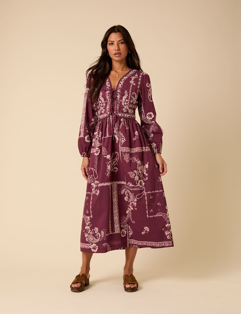 Nobody's Child Pure Cotton Embroidered Midi Waisted Dress Burgundy