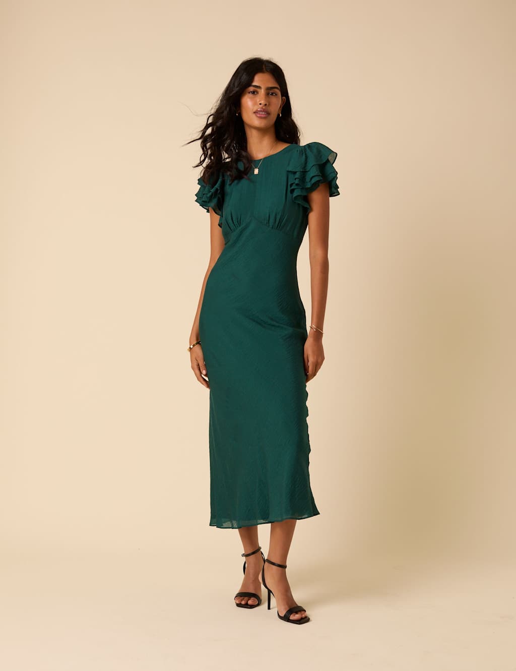 Nobody's Child Crew Neck V-Back Ruffle Midi Column Dress Green