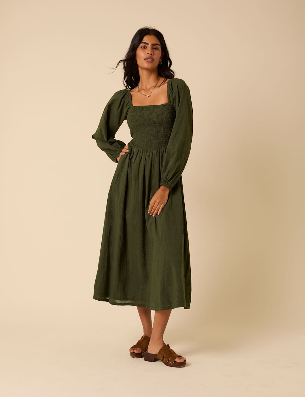 Nobody's Child Pure Cotton Floral Midi Waisted Dress Green