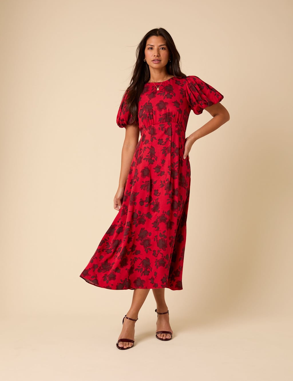 Nobody's Child Floral Puff Sleeve Midi Tea Dress Red