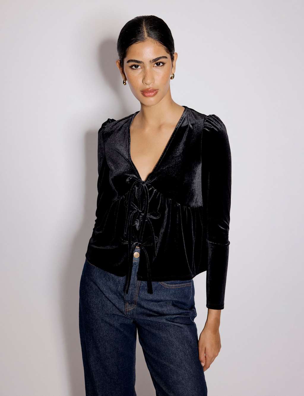 Nobody's Child Velvet V-Neck Bow Top Black