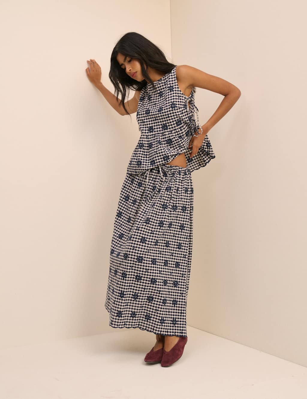 Nobody's Child Women's Cotton Rich Checked Midi A-Line Skirt - 8 - Navy - Available at M&S