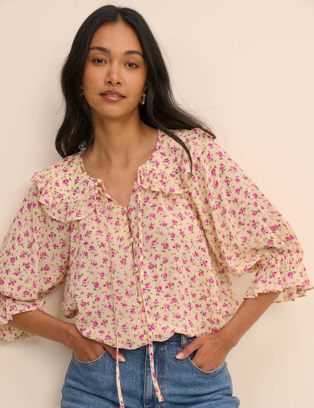 Nobody's Child Women's Floral Collared Tie Neck Blouse - Extra Small - Cream - Available at M&S