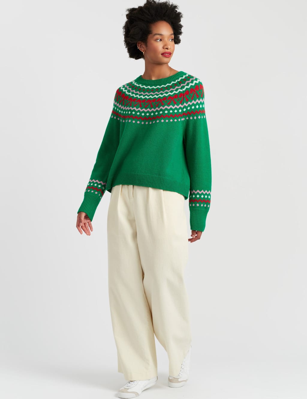 Chinti & Parker Wool and Cashmere Bow Fair Isle Jumper Green Mix