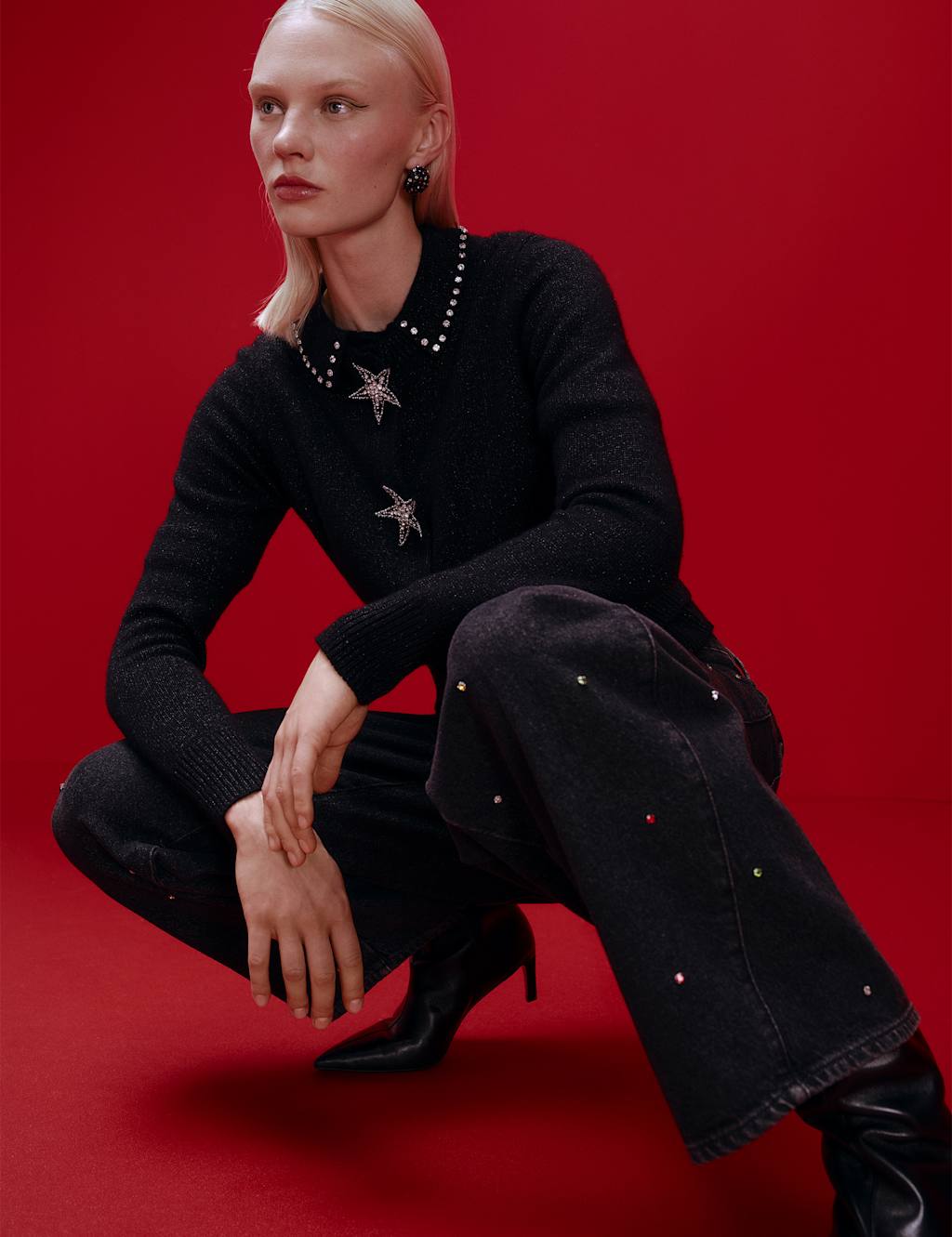 Chinti & Parker Wool Rich Embellished Polo Collar Knitted Top with Cashmere Black