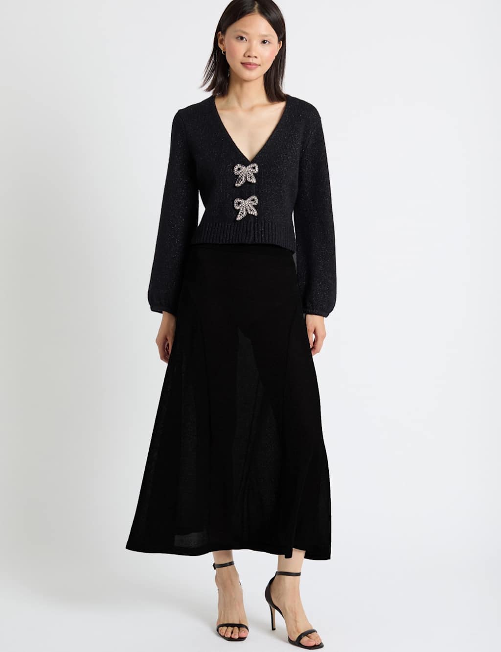 Chinti & Parker Wool Rich Metallic Midi Skirt with Cashmere Black