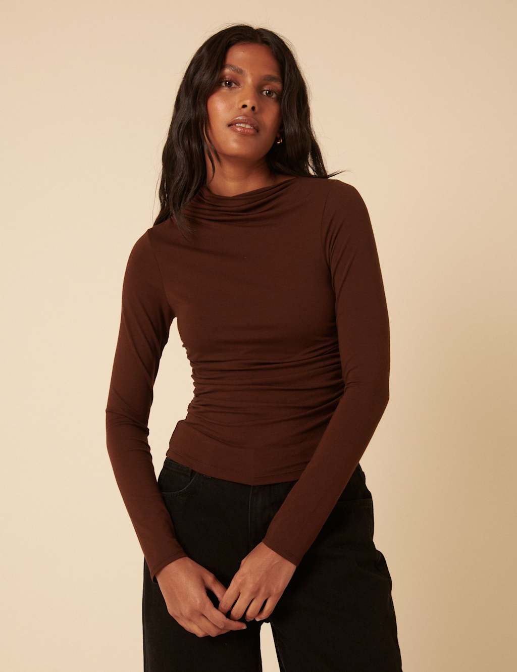 Nobody's Child Ruched High Neck Top Brown