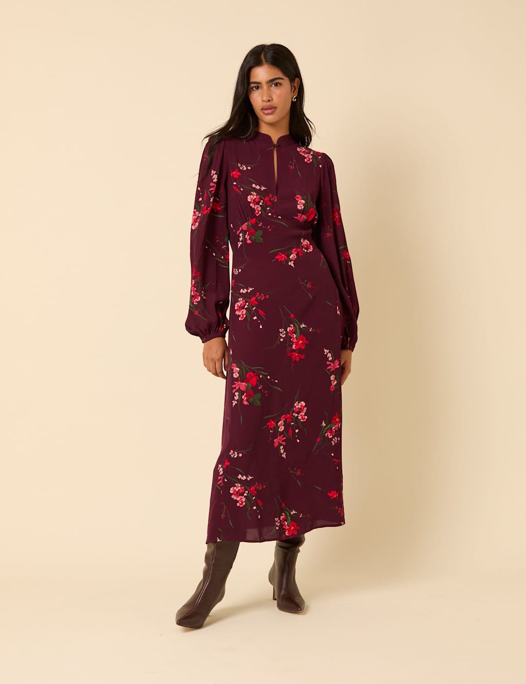 Nobody's Child Floral High Neck Blouson Sleeve Empire Line Midaxi Waisted Dress Burgundy