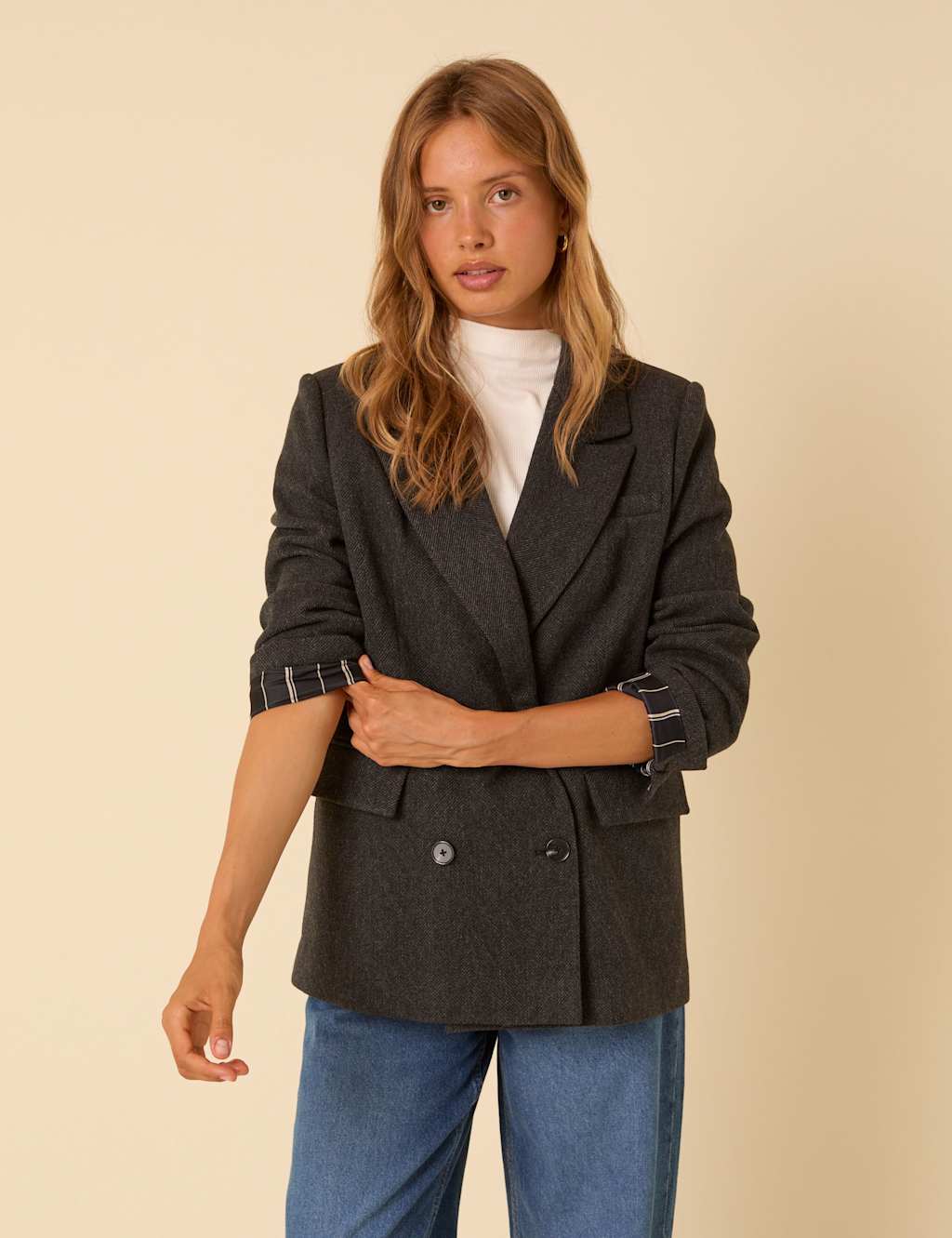 Nobody's Child Tailored Double Breasted Blazer with Wool Grey