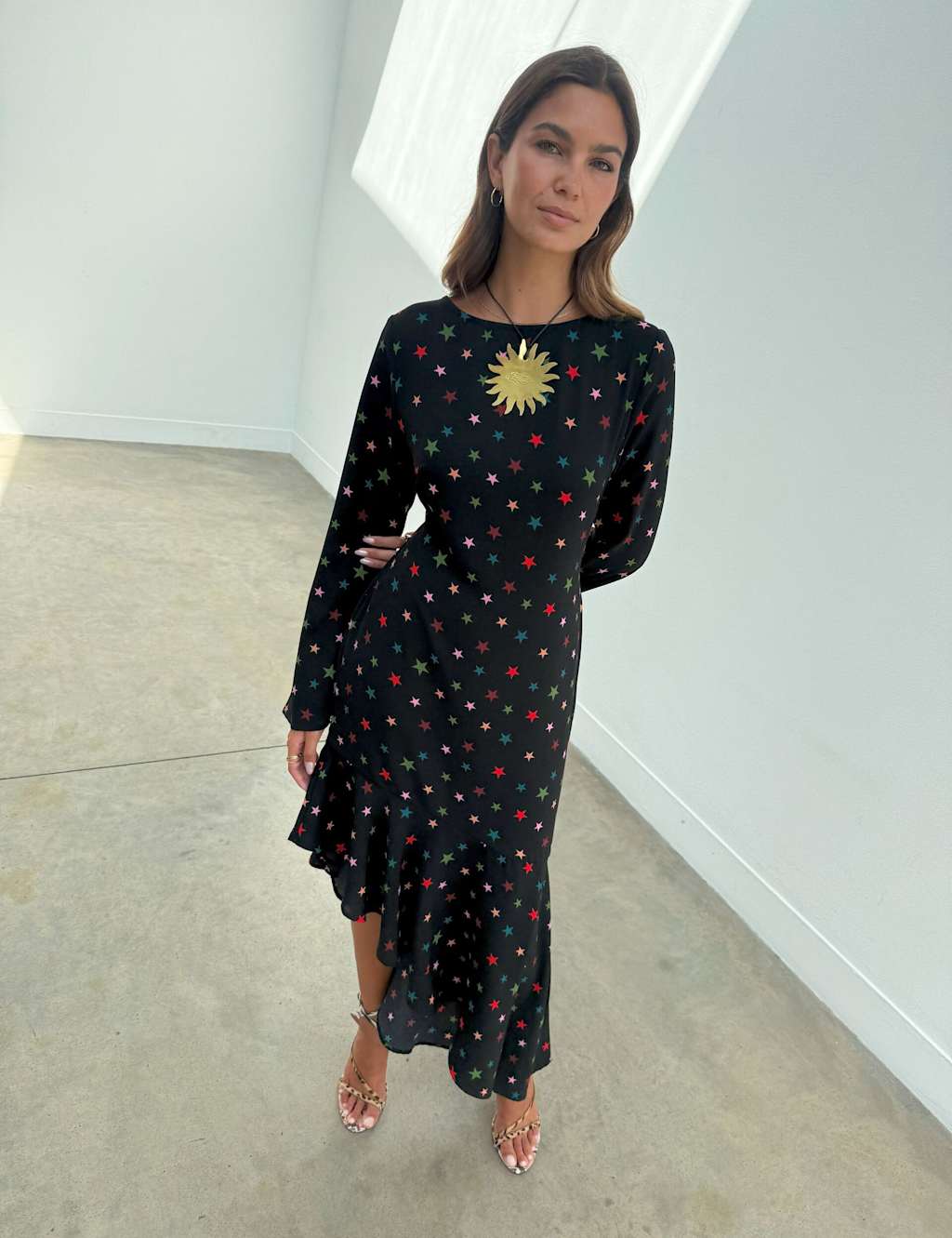 Never Fully Dressed Star Print Asymmetric Ruffle Hem Midi Dress Black Mix