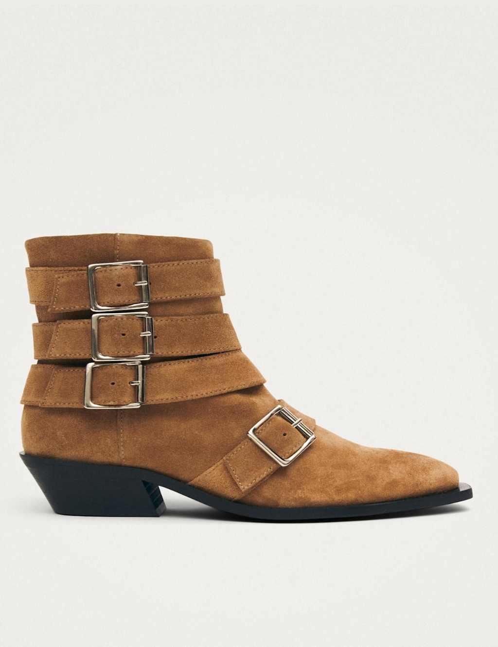 Alohas Suede Buckle Cuban Heel Pointed Ankle Boots Brown