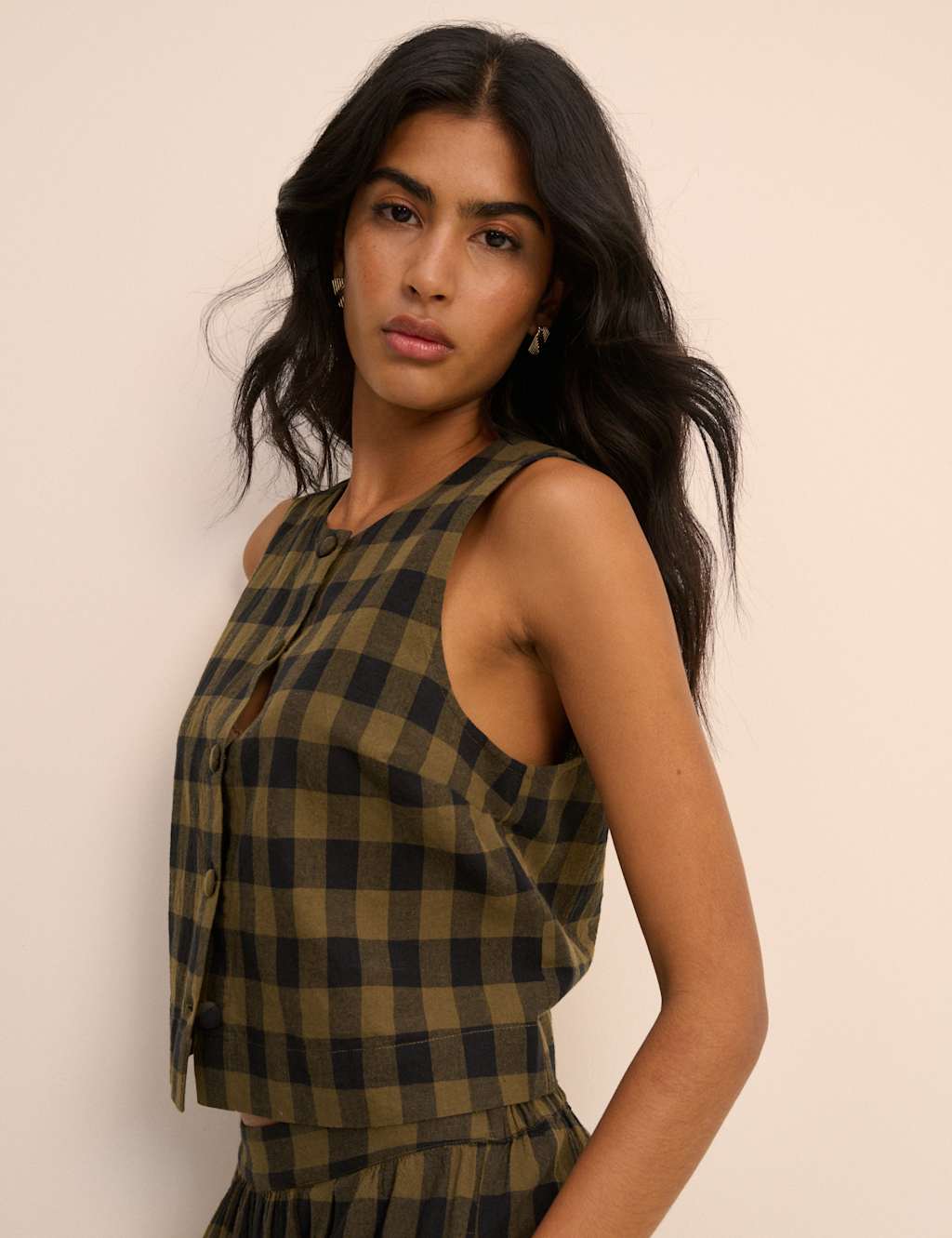 Nobody's Child Women's Pure Cotton Checked Button Through Tank Top - 16 - Green - Available at M&S