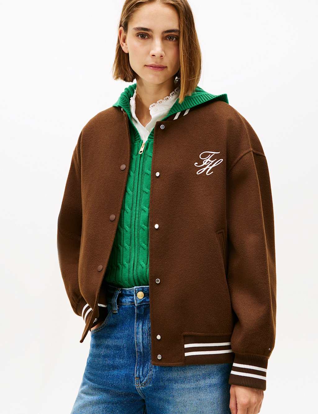 Tommy Hilfiger Wool Rich Varsity Bomber Jacket Brown