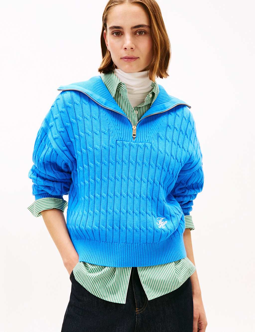 Tommy Hilfiger Women's Pure Cotton Cable Knit Half Zip Sweatshirt - Large - Bright Blue - Available at M&S
