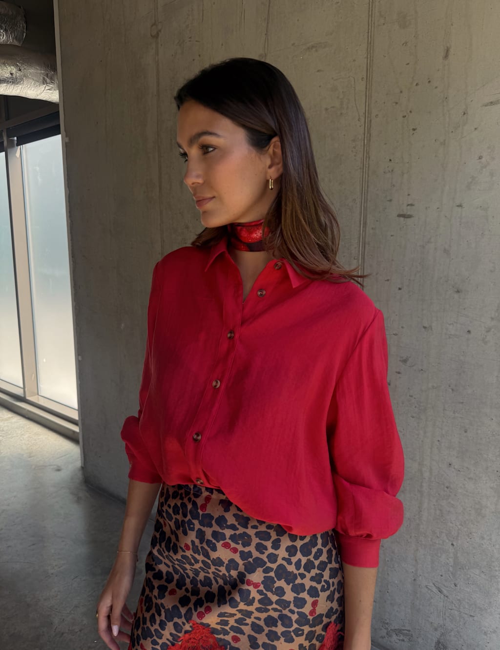 Never Fully Dressed Lyocell Rich Collared Blouson Sleeve Shirt Red