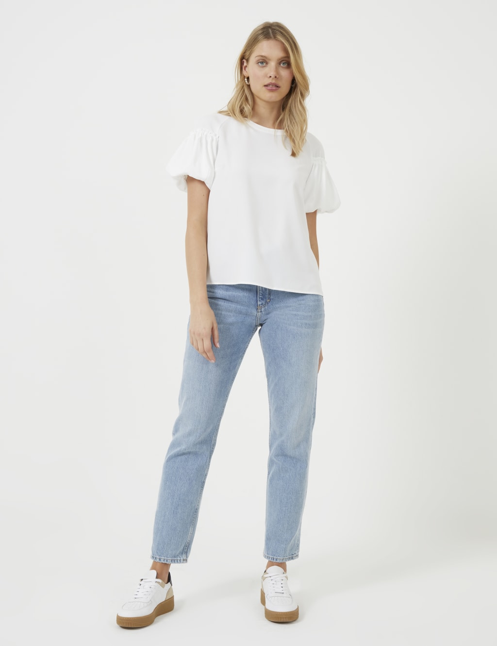 Crepe Round Neck Puff Sleeve Top