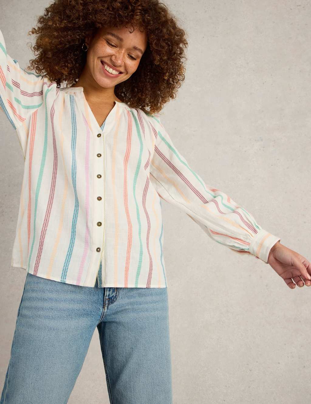 Pure Cotton Jacquard Striped Notch Neck Top