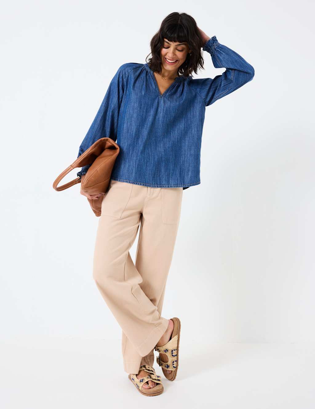 Denim Notch Neck Popover Blouse