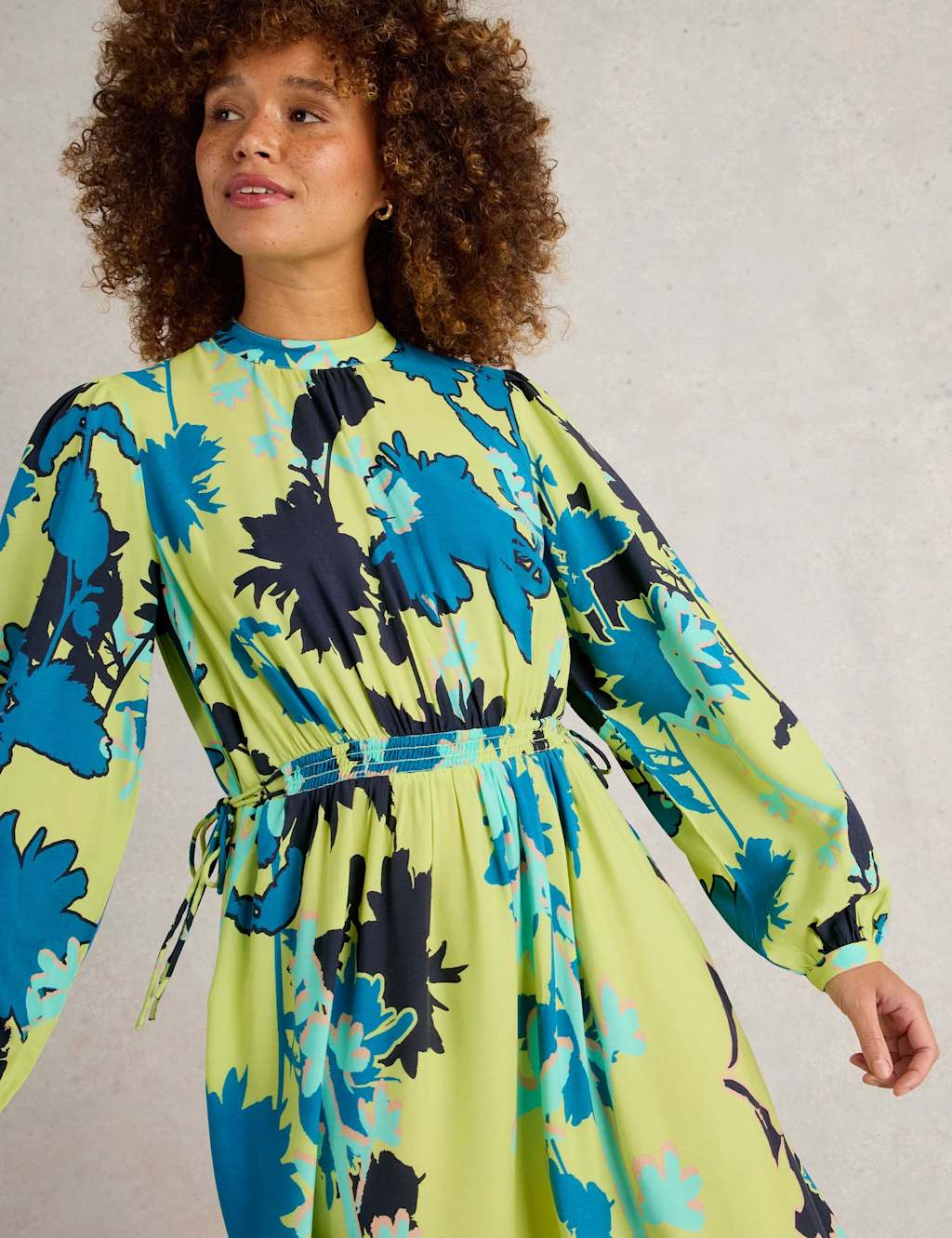 White Stuff Printed High Neck Midi Waisted Dress Green Mix