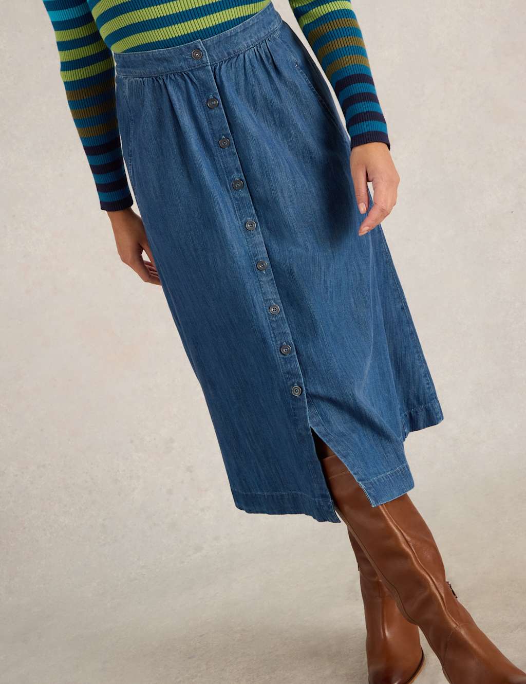 Pure Cotton Denim Button Front Midi A-Line Skirt