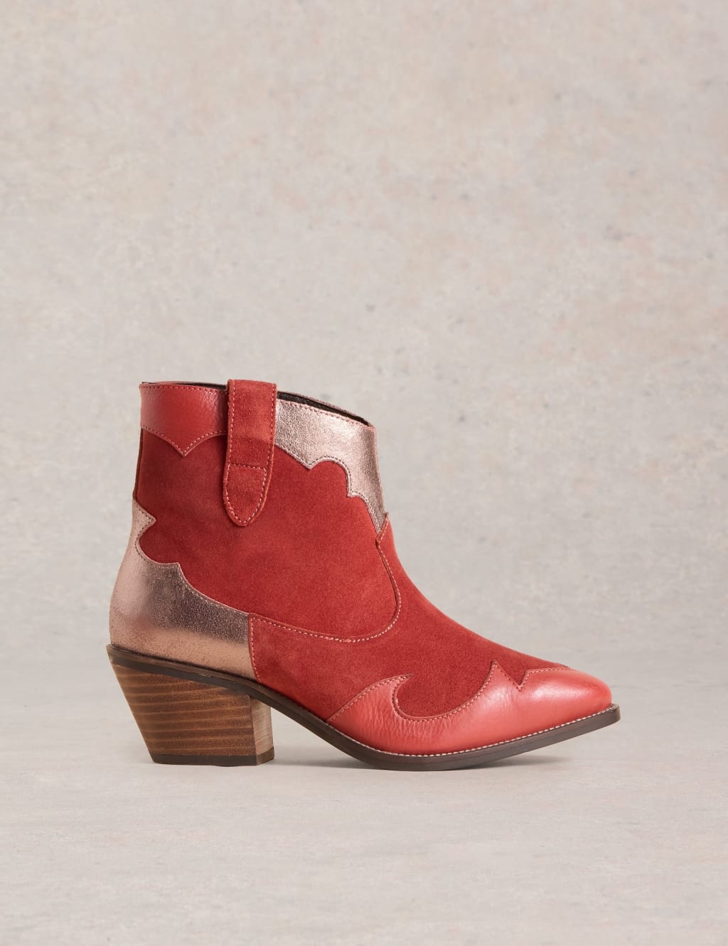Leather Patchwork Block Heel Ankle Boots