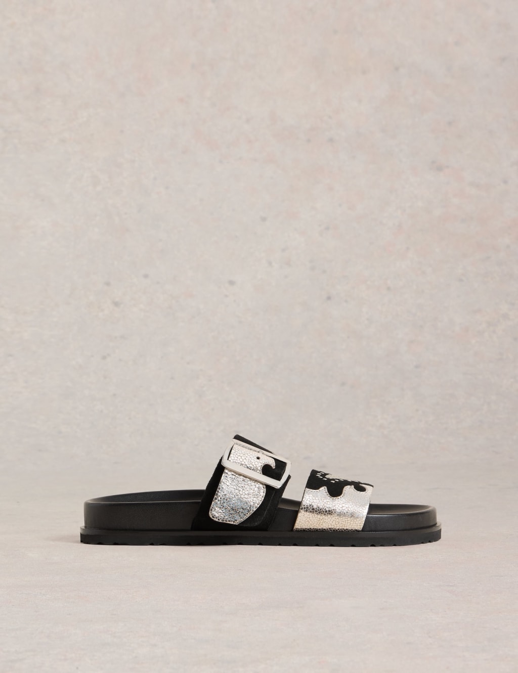 Leather Buckle Metallic Flat Sandals