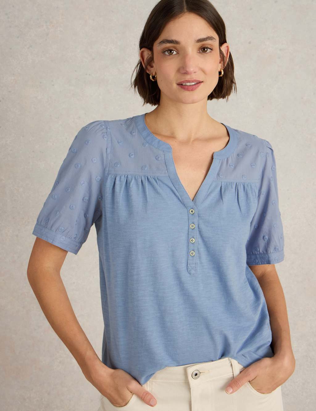 Pure Cotton Broderie V-Neck Top