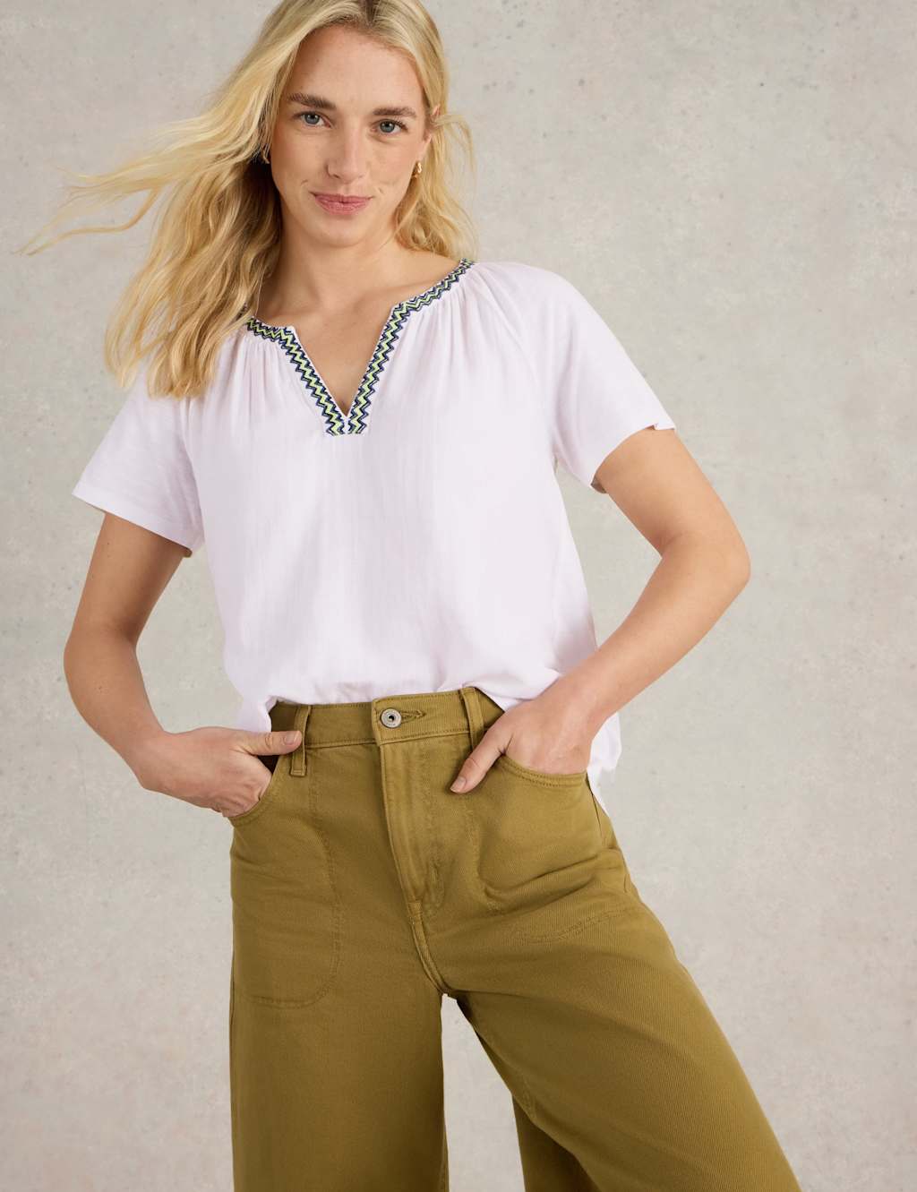 Pure Cotton Embroidered V-Neck Top