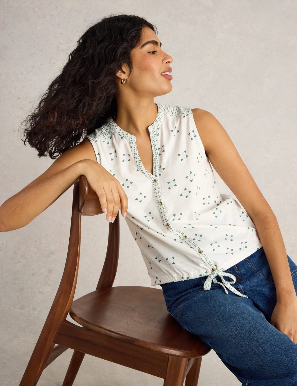 Pure Cotton Floral Tie Hem Sleeveless Shirt
