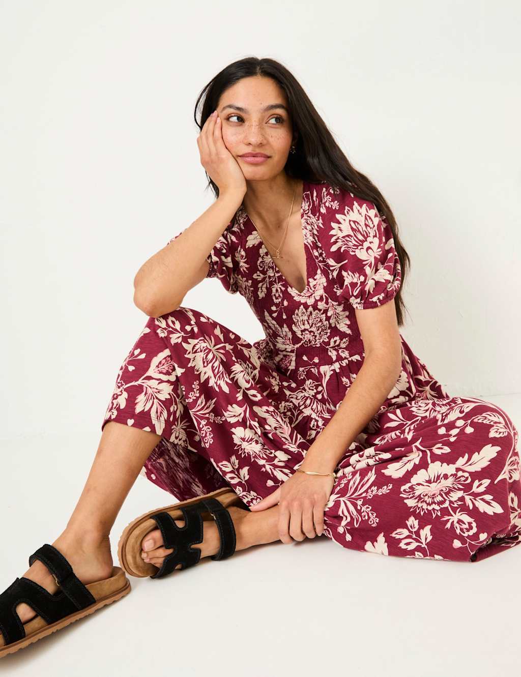 Cotton Rich Floral V-Neck Midi Waisted Dress