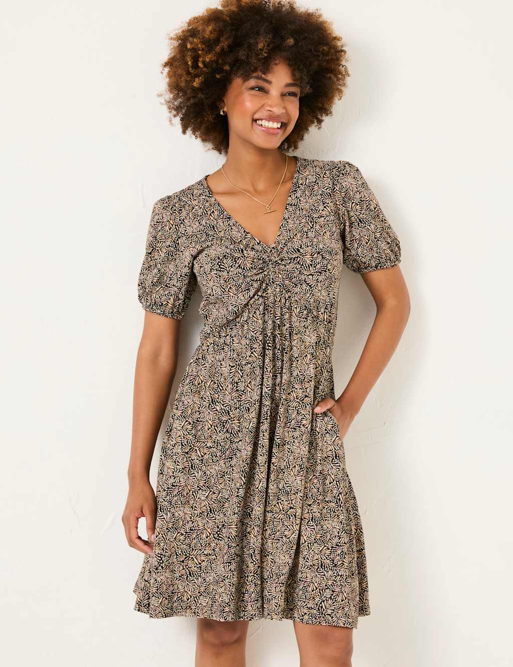 Cotton Rich Printed V-Neck Waisted Dress