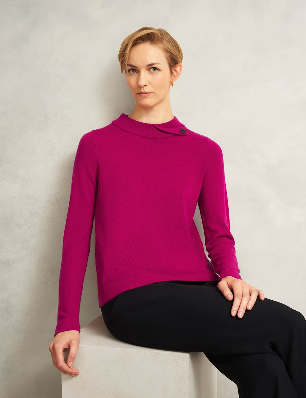 HOBBS Merino Rich Roll Neck Button Detail Jumper Pink