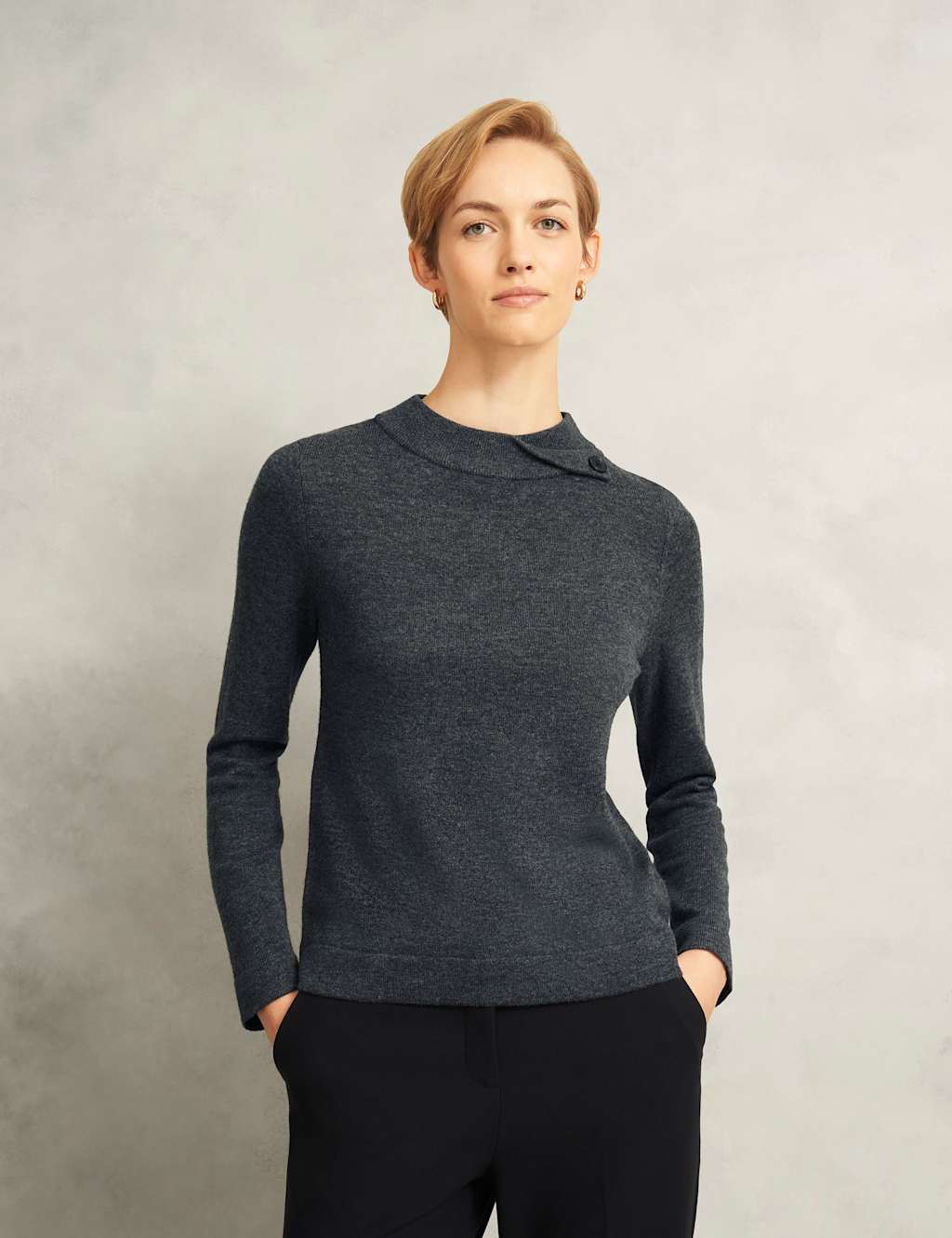 HOBBS Merino Rich Roll Neck Button Detail Jumper Charcoal