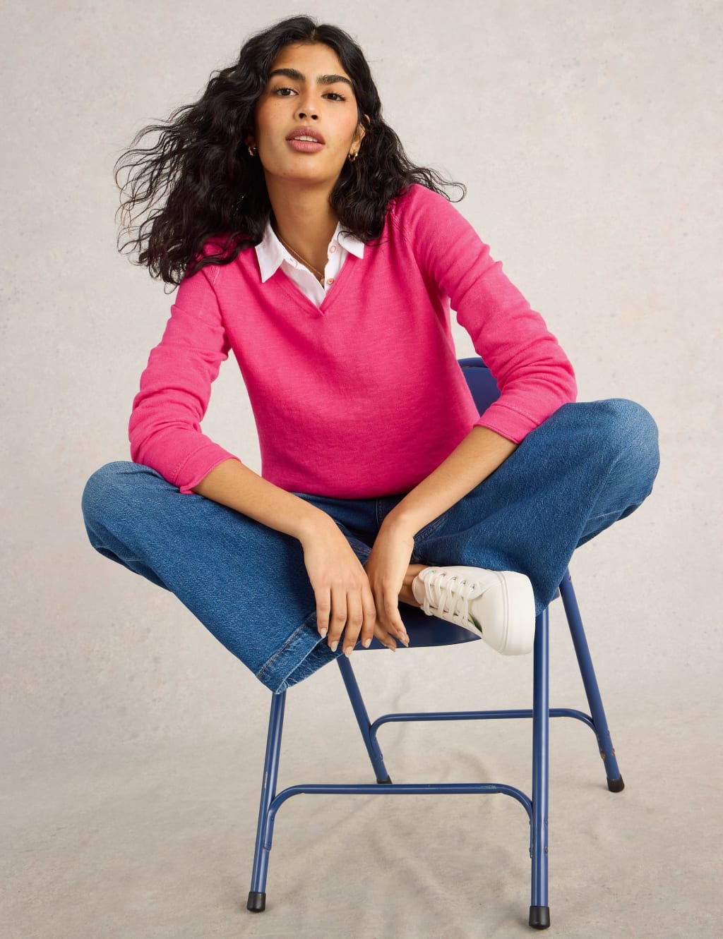 Cotton Rich V-Neck Jumper With Linen