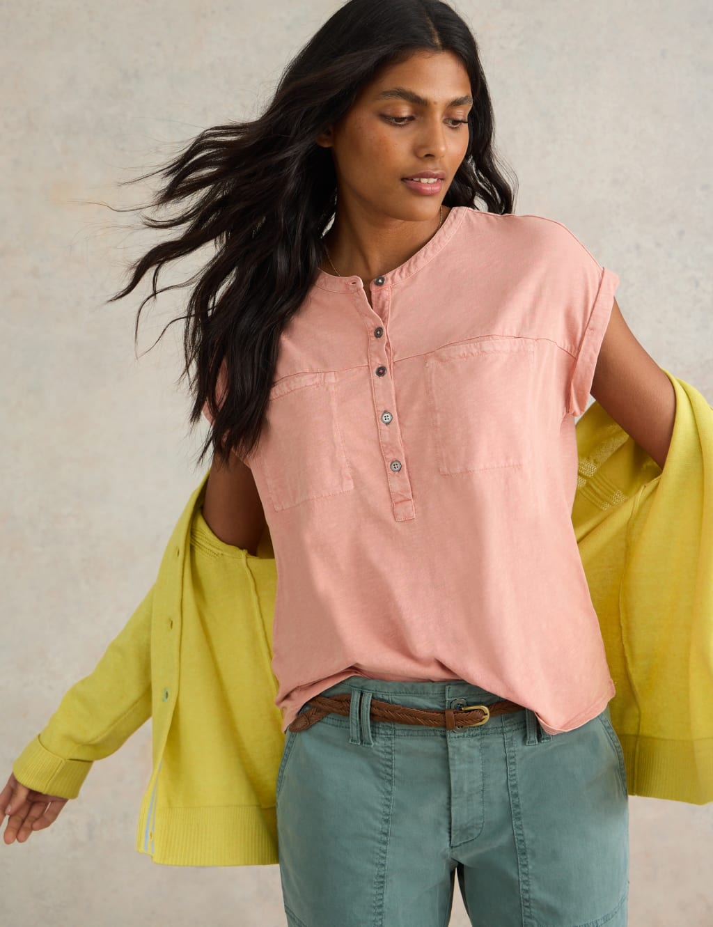 Pure Cotton Crew Neck Button Detail Shirt