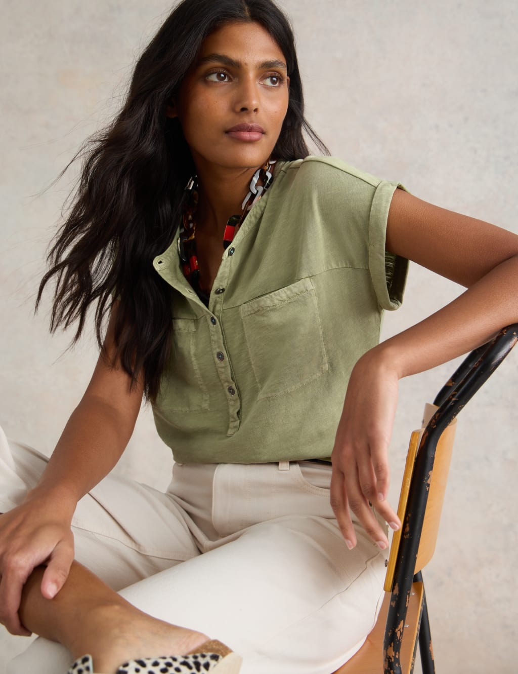 Pure Cotton Crew Neck Button Detail Shirt