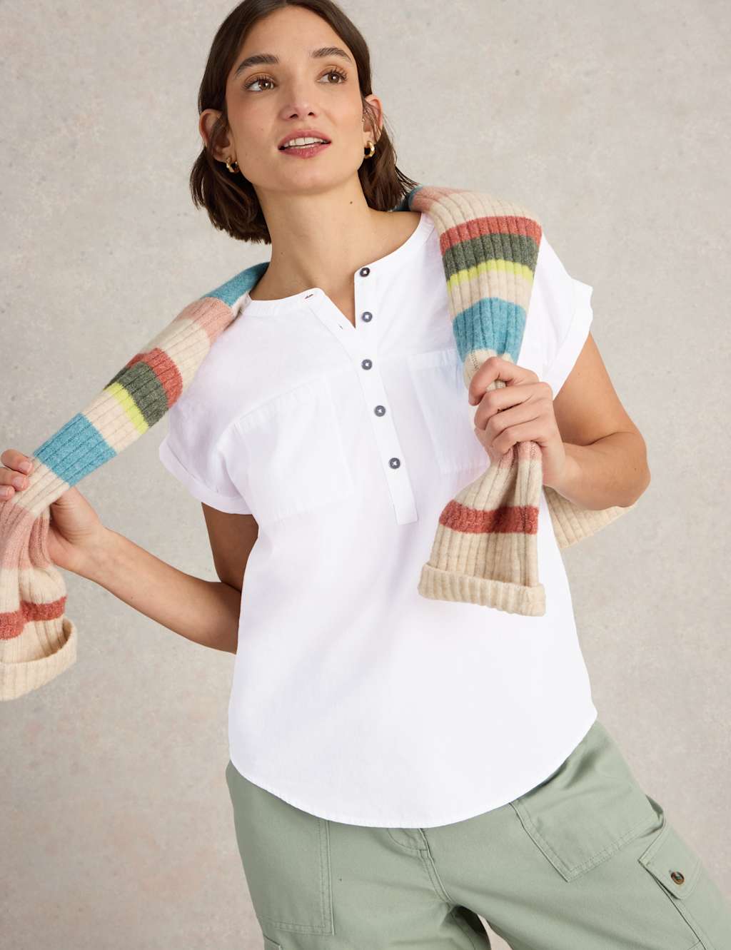 Pure Cotton Crew Neck Button Detail Shirt