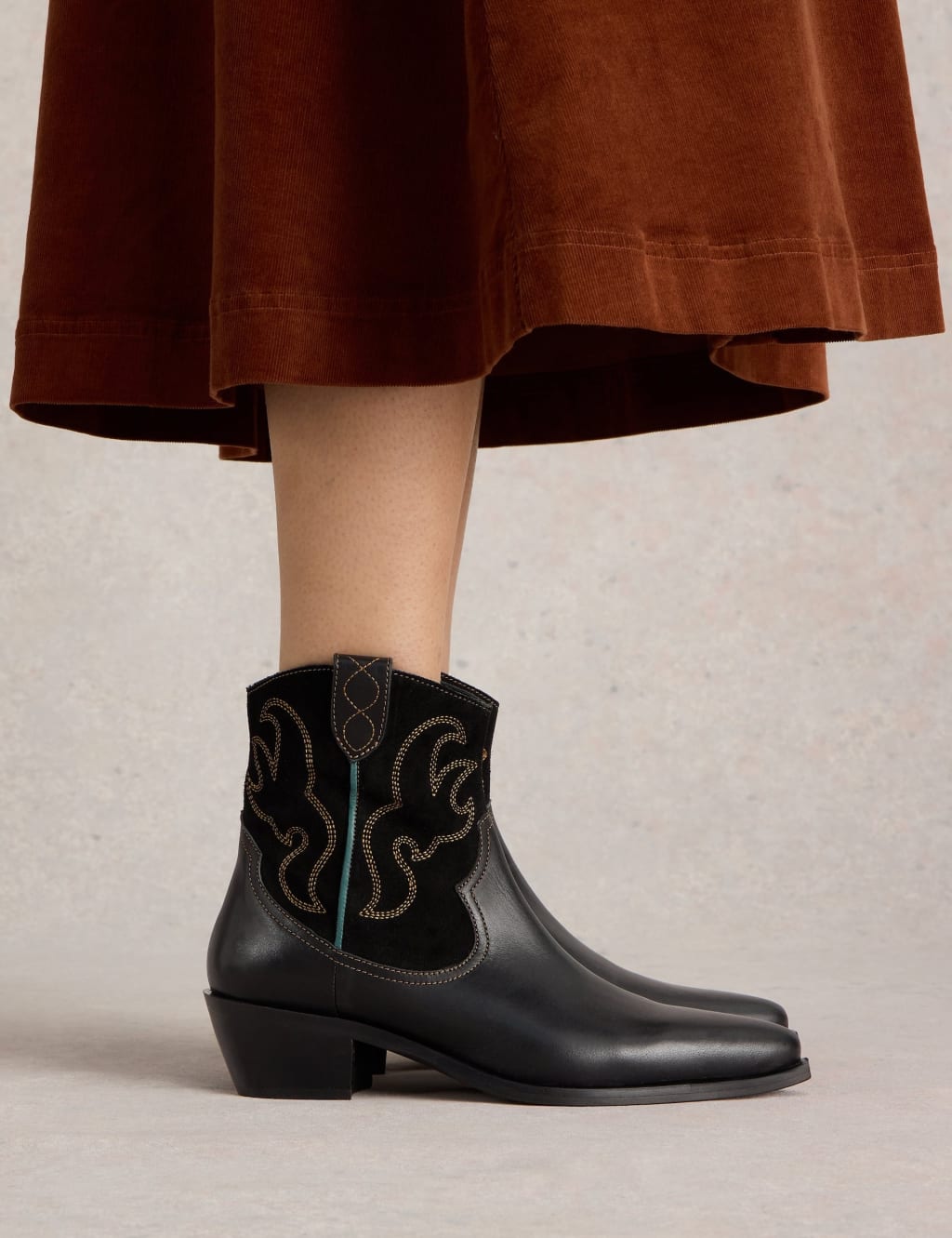 Leather Cowboy Block Heel Ankle Boots
