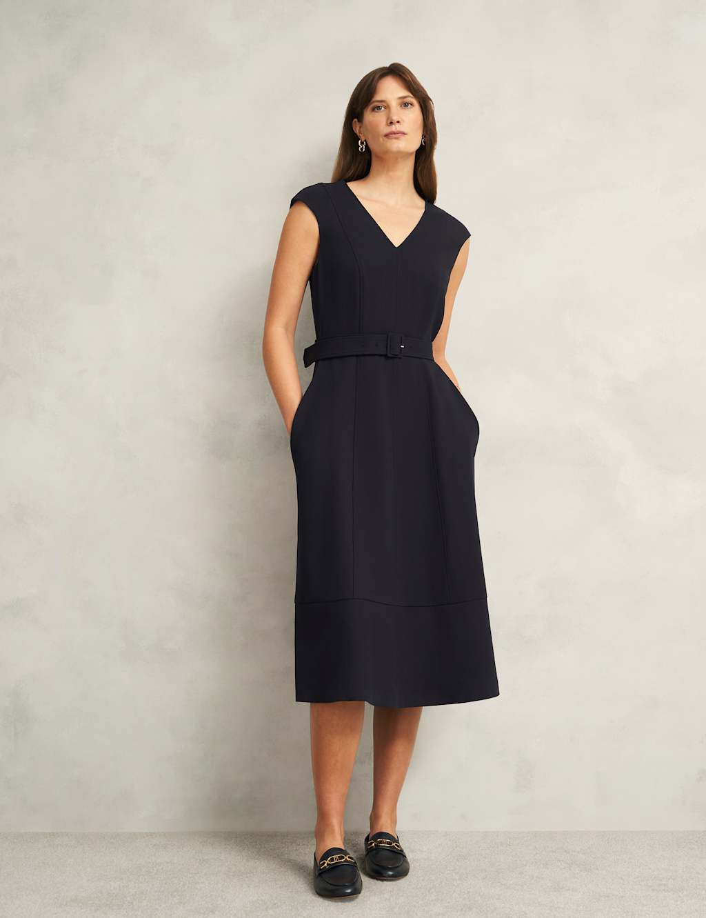 V-Neck Belted Midi Skater Dress