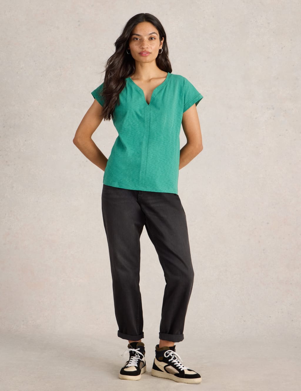 White Stuff Women's Pure Cotton Notch Neck T-Shirt - 12 - Green, Green