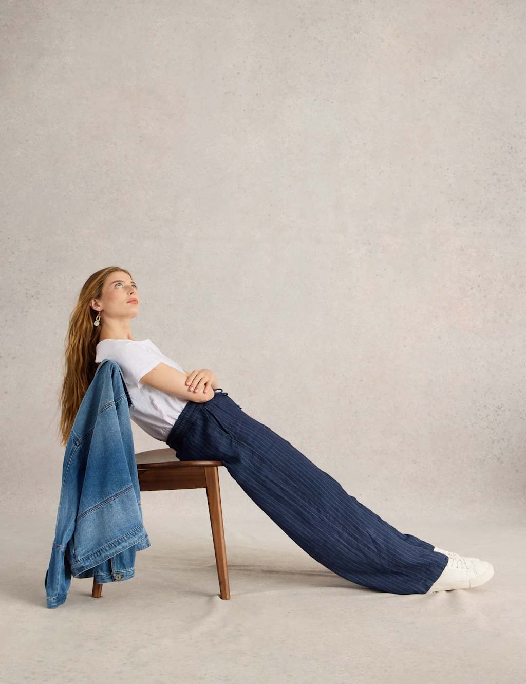 Pure Linen Printed Drawstring Wide Leg Trousers