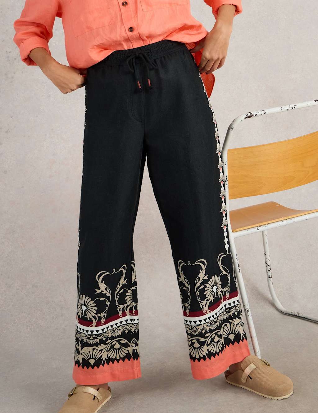 Pure Linen Printed Drawstring Wide Leg Trousers