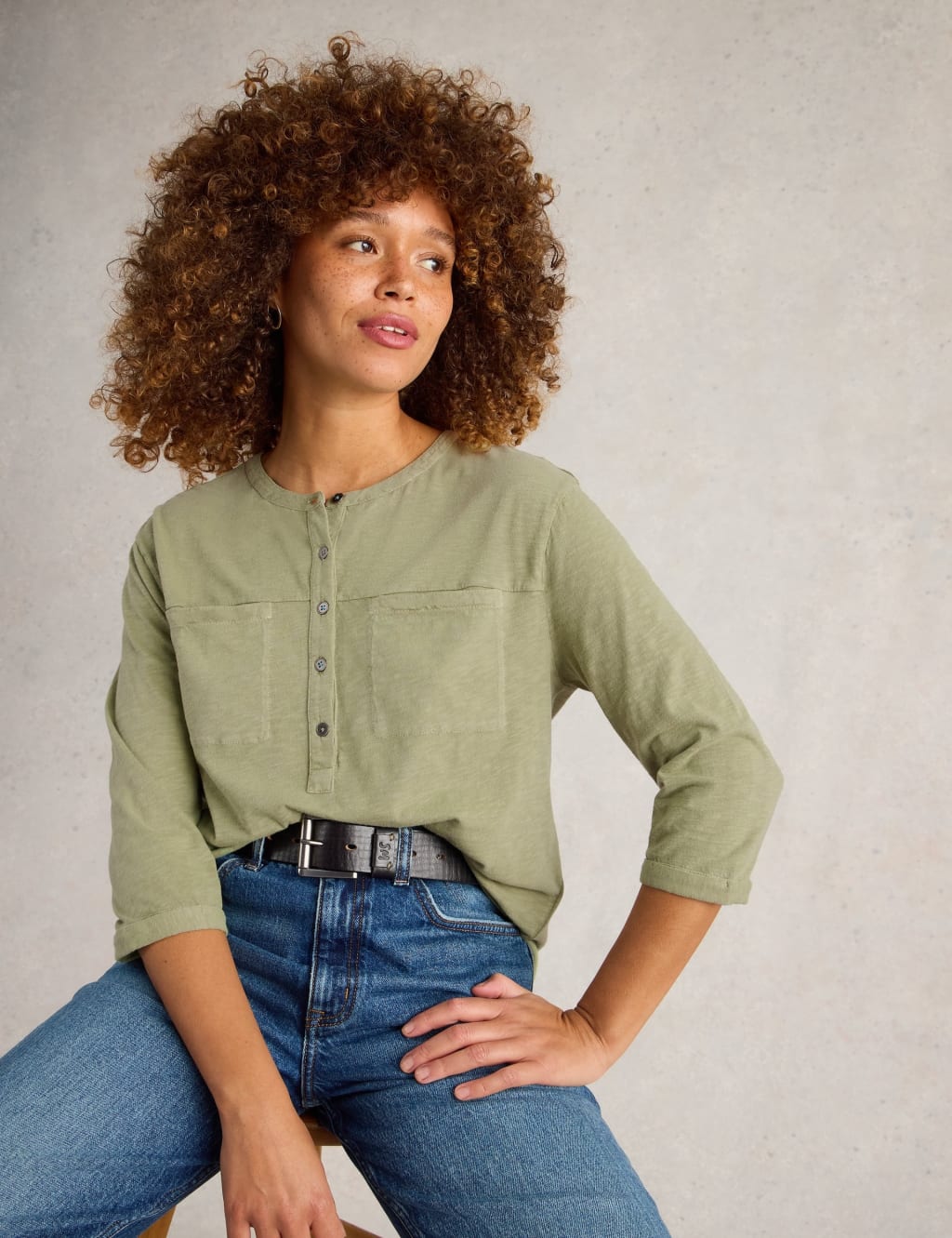 Pure Cotton Round Neck Button Detail Shirt