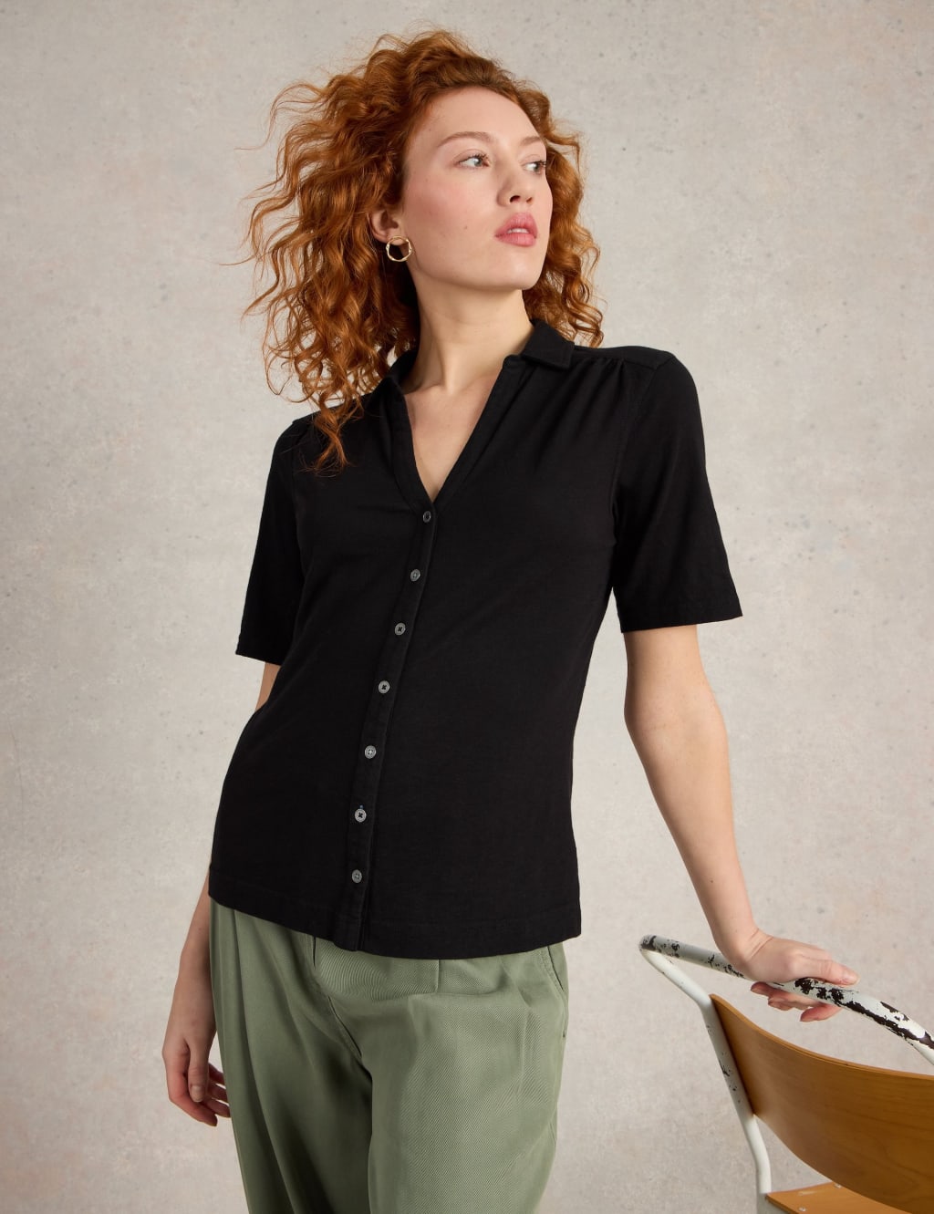 Pure Cotton Jersey Collared Top