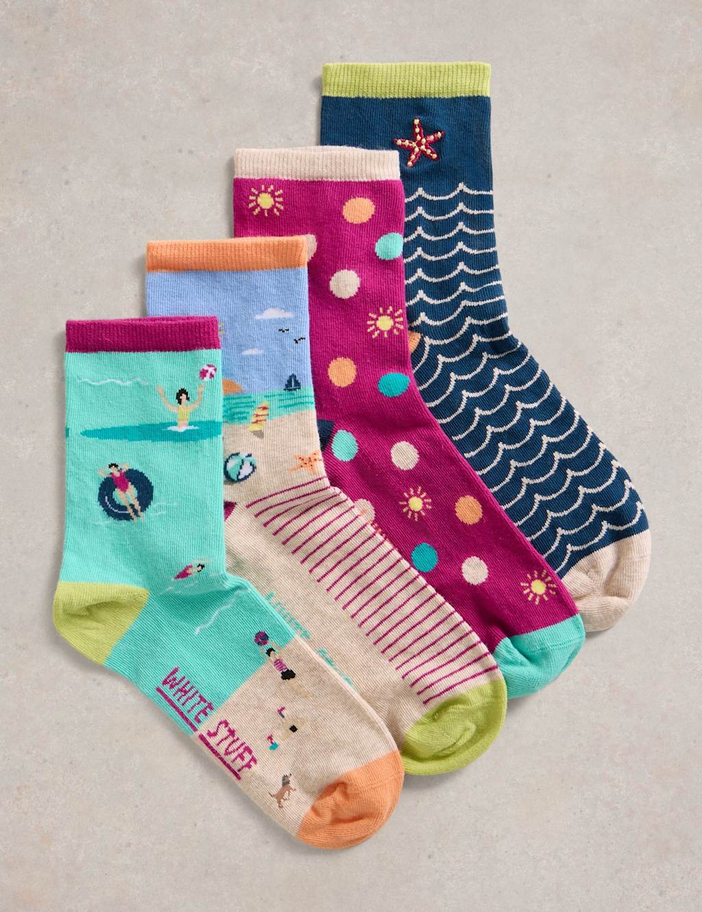 4pk Cotton Rich Seaside Ankle High Socks
